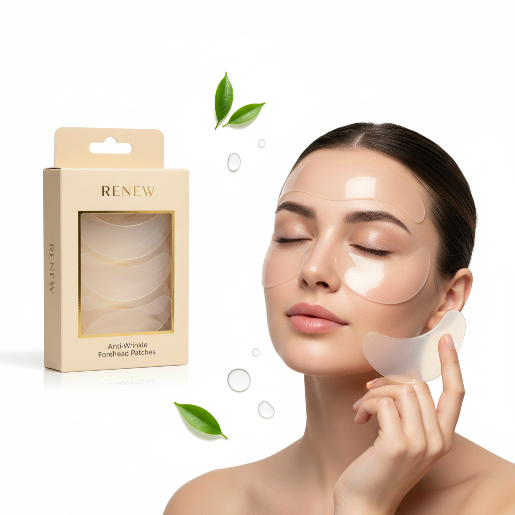 Anti-wrinkle forehead patches on packaging and skin