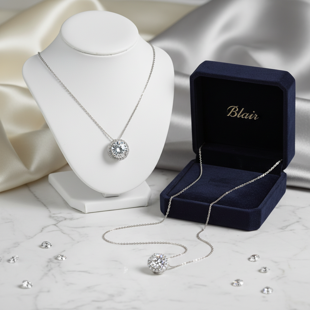 Blair diamond necklace on jewelry display bust